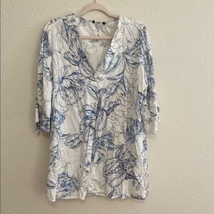 Floral V-Neck Blouse in Blue and White